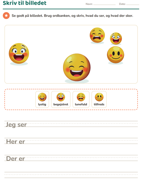 Forhåndsvisning af Skriv til billedet-arbejdsark med Følelser til 2. klasse