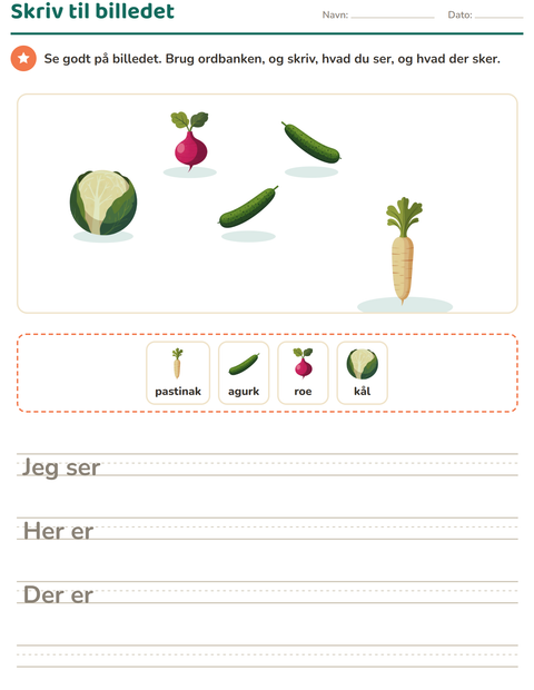 Forhåndsvisning af Skriv til billedet-arbejdsark med Grøntsager til 2. klasse