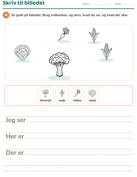 Forhåndsvisning af Skriv til billedet-arbejdsark med Grøntsager SH til 2. klasse
