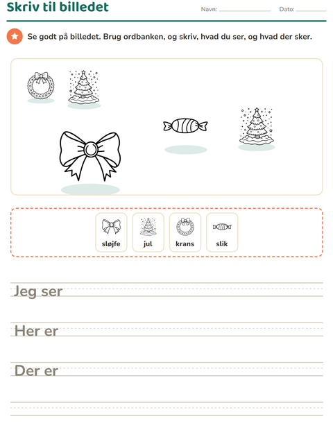 Forhåndsvisning af Skriv til billedet-arbejdsark med Jul S/H til 2. klasse