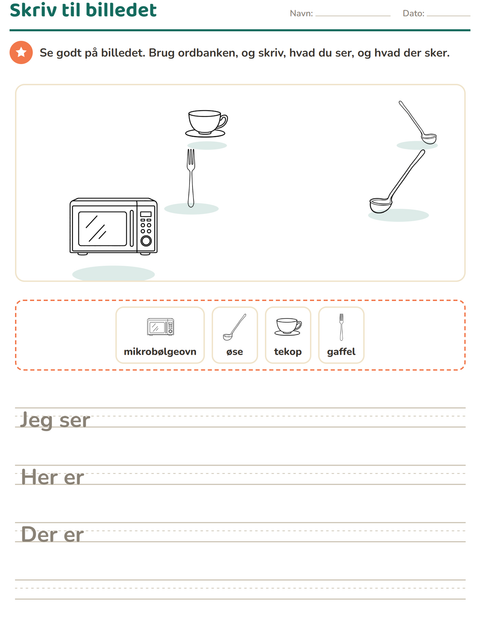 Forhåndsvisning af Skriv til billedet-arbejdsark med Køkken SH til 2. klasse