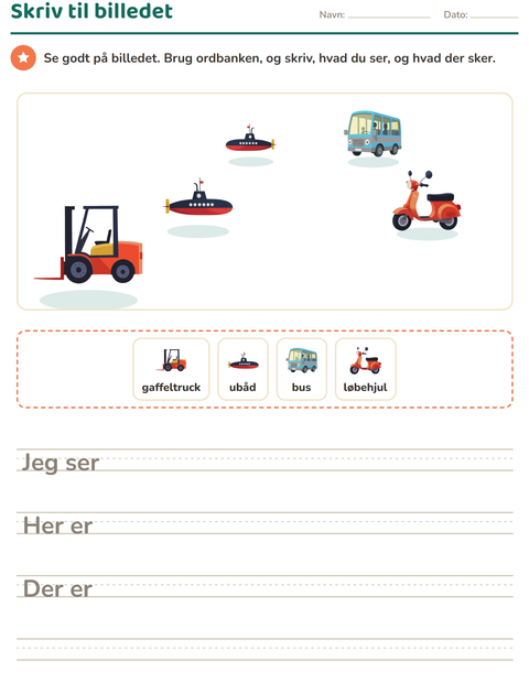 Forhåndsvisning af Skriv til billedet-arbejdsark med Køretøjer til 2. klasse