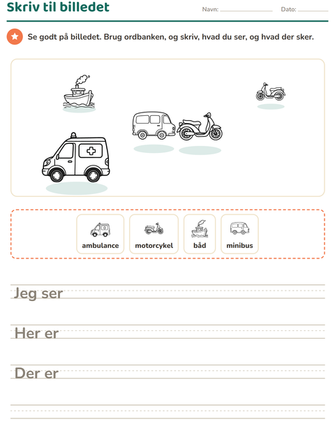 Forhåndsvisning af Skriv til billedet-arbejdsark med Køretøjer SH 3 til 2. klasse