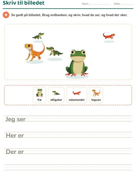 Forhåndsvisning af Skriv til billedet-arbejdsark med Krybdyr og padder til 2. klasse