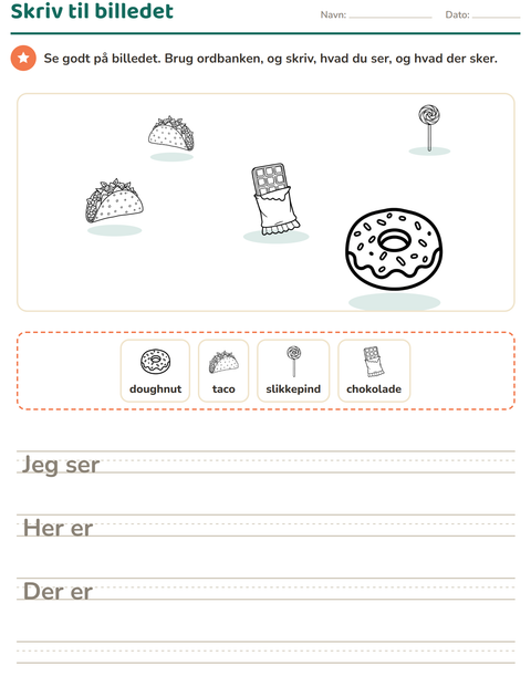 Forhåndsvisning af Skriv til billedet-arbejdsark med Mad SH til 2. klasse