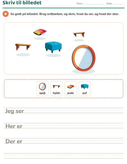 Forhåndsvisning af Skriv til billedet-arbejdsark med Møbler til 2. klasse