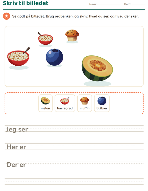 Forhåndsvisning af Skriv til billedet-arbejdsark med Morgenmad til 2. klasse