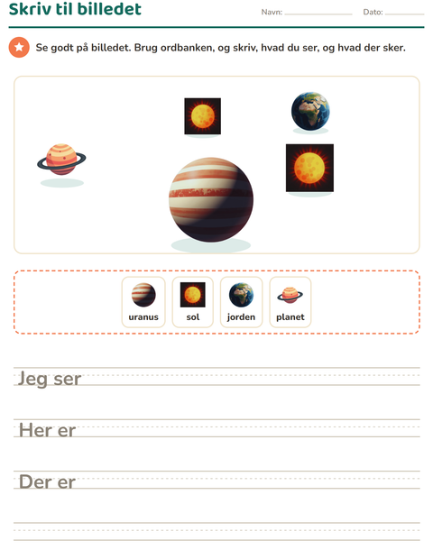 Forhåndsvisning af Skriv til billedet-arbejdsark med Rummet til 2. klasse