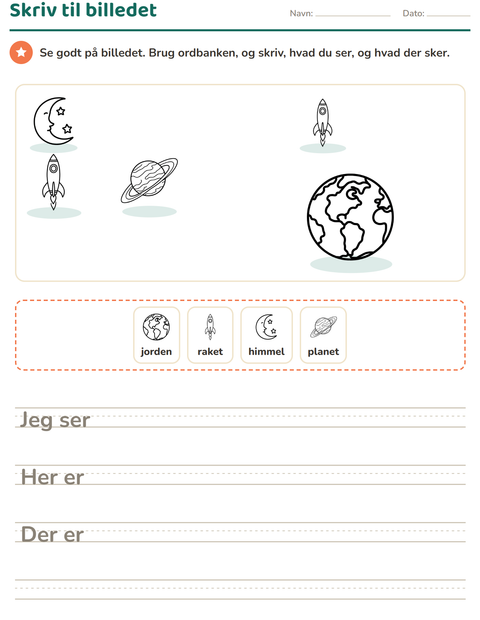 Forhåndsvisning af Skriv til billedet-arbejdsark med Rummet SH til 2. klasse