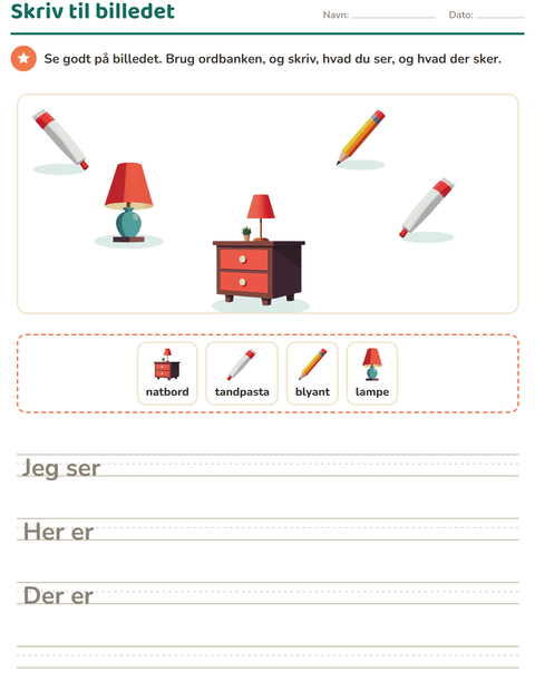 Forhåndsvisning af Skriv til billedet-arbejdsark med Rundt i huset til 2. klasse