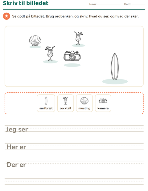 Forhåndsvisning af Skriv til billedet-arbejdsark med Strand SH 2 til 2. klasse