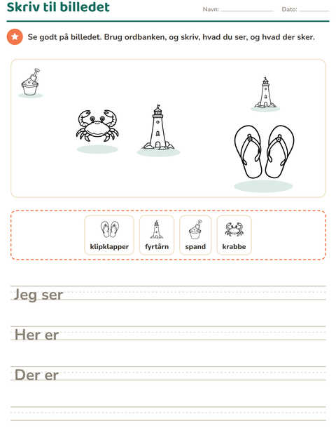 Forhåndsvisning af Skriv til billedet-arbejdsark med Strand SH til 2. klasse