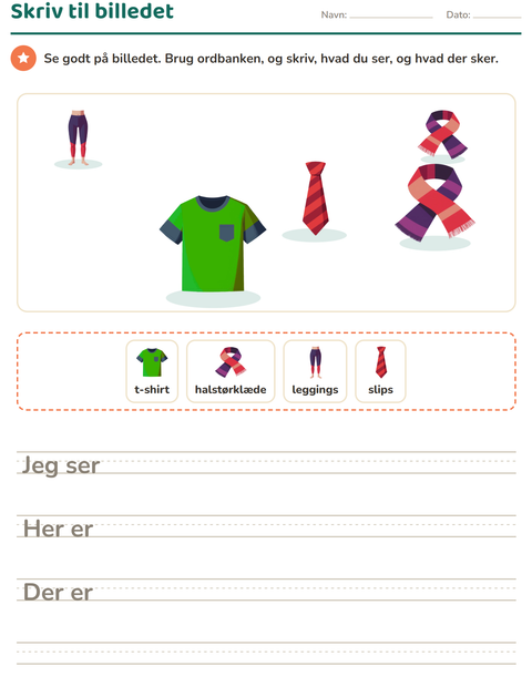 Forhåndsvisning af Skriv til billedet-arbejdsark med Tøj til 2. klasse