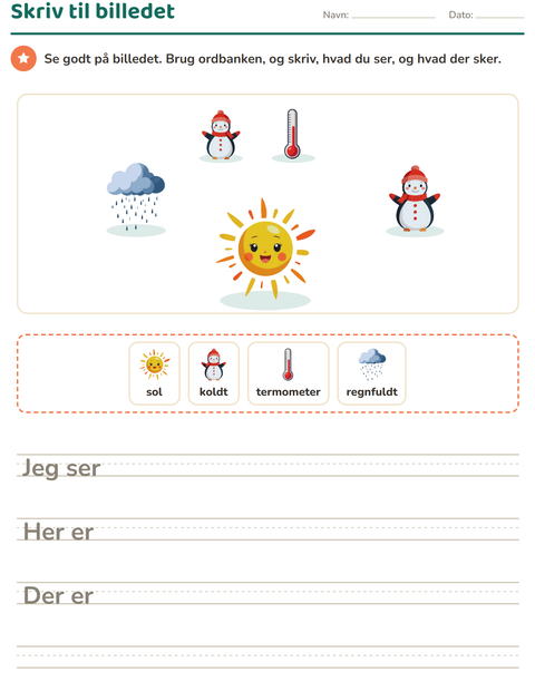 Forhåndsvisning af Skriv til billedet-arbejdsark med Vejr til 2. klasse