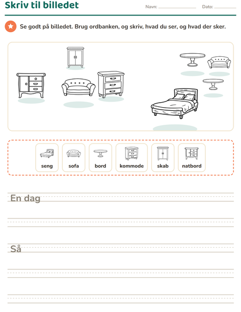 Forhåndsvisning af Skriv til billedet-arbejdsark med Møbler SH til 2. klasse