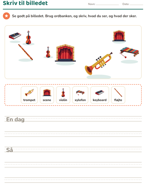 Forhåndsvisning af Skriv til billedet-arbejdsark med Musik til 2. klasse