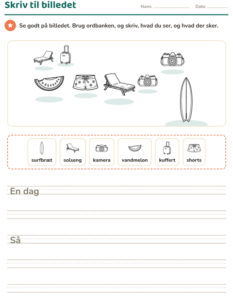 Forhåndsvisning af Skriv til billedet-arbejdsark med Strand SH 2 til 2. klasse