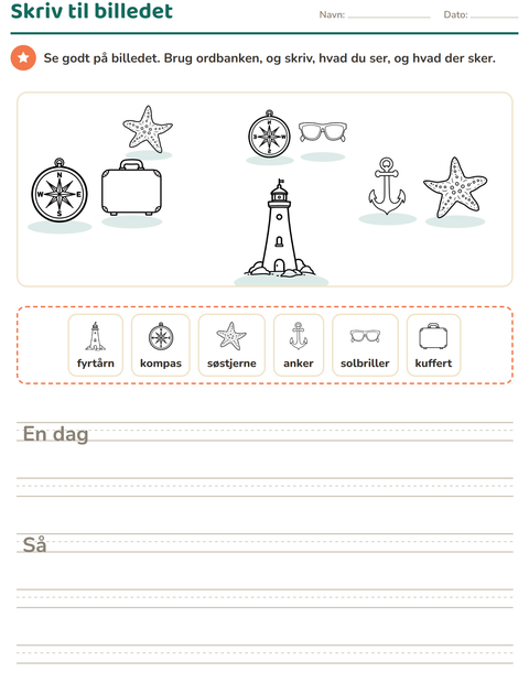 Forhåndsvisning af Skriv til billedet-arbejdsark med Strand SH til 2. klasse