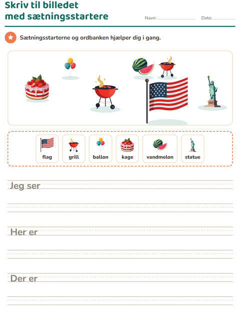 Forhåndsvisning af Skriv til billedet-arbejdsark med 4. juli til 2. klasse