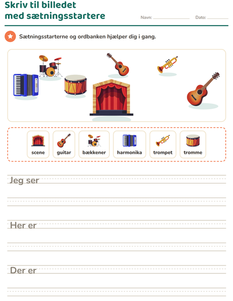 Forhåndsvisning af Skriv til billedet-arbejdsark med Musik til 2. klasse