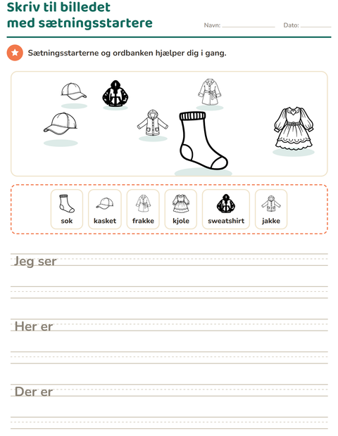 Forhåndsvisning af Skriv til billedet-arbejdsark med Tøj SH til 2. klasse