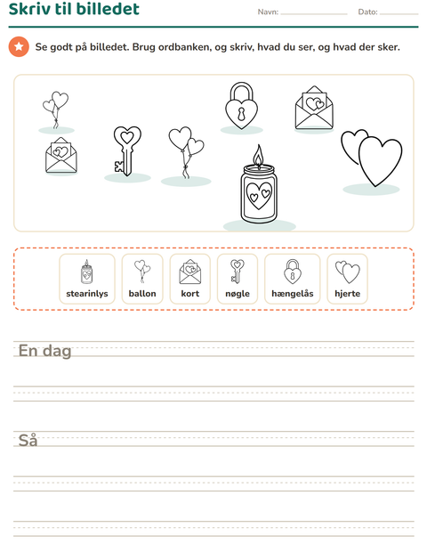 Forhåndsvisning af Skriv til billedet-arbejdsark med Valentinsdag SH til 2. klasse