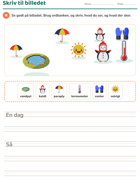 Forhåndsvisning af Skriv til billedet-arbejdsark med Vejr til 2. klasse
