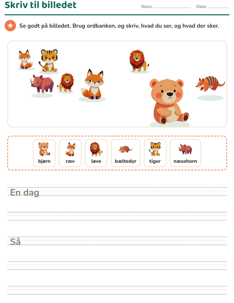 Forhåndsvisning af Skriv til billedet-arbejdsark med Zoodyr til 2. klasse