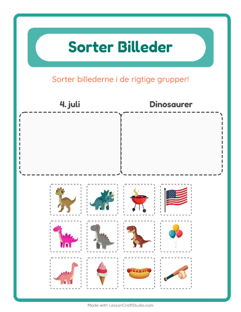 Sortér billederne: 4. juli og Dinosaurer