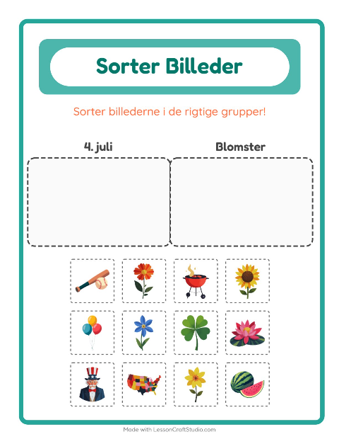 Forhåndsvisning af Sortér Billeder-arbejdsark til Børnehaveklasse