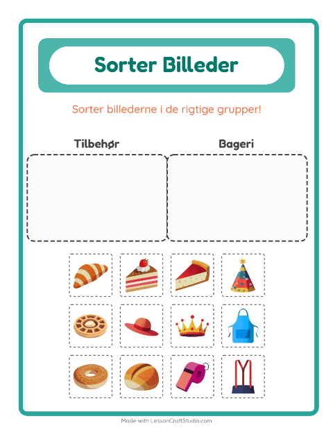 Forhåndsvisning af Sortér billederne: Tilbehør og Bageri – opgave til børnehaveklassen