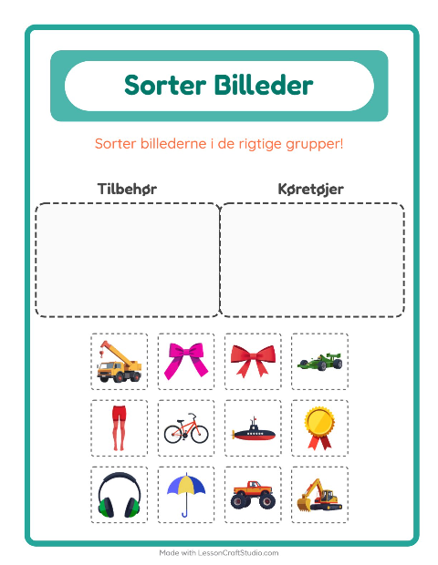 Forhåndsvisning af Sortér billederne: Tilbehør og Køretøjer – opgave til børnehaveklassen