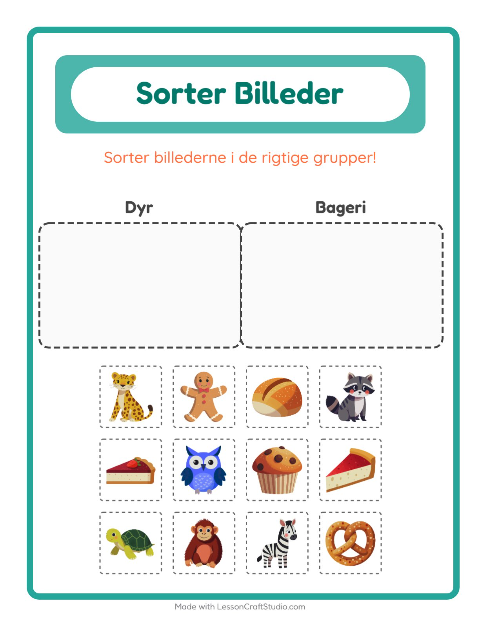Sortér billederne: Dyr og Bageri