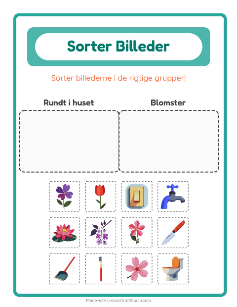 Forhåndsvisning af Sortér billederne: Rundt i huset og Blomster – opgave til børnehaveklassen