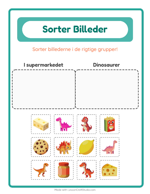 Sortér billederne: I supermarkedet og Dinosaurer