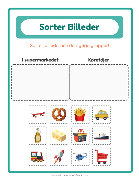 Sortér billederne: I supermarkedet og Køretøjer