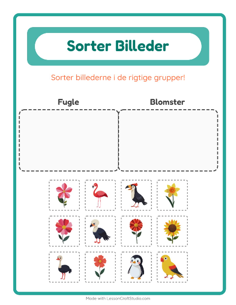 Sortér billederne: Fugle og Blomster