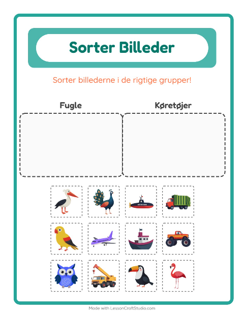 Sortér billederne: Fugle og Køretøjer