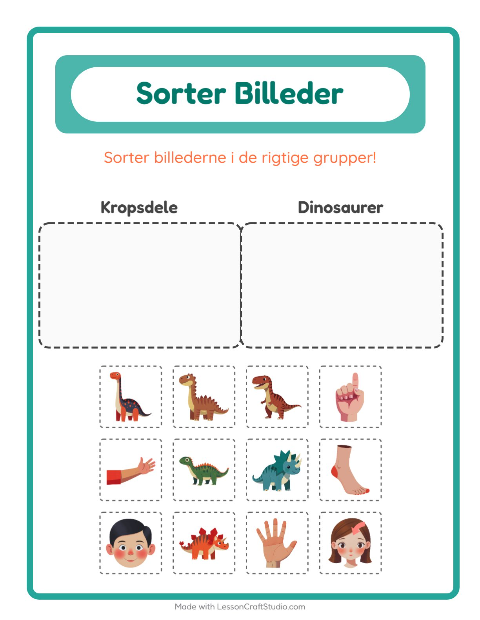 Sortér billederne: Kropsdele og Dinosaurer