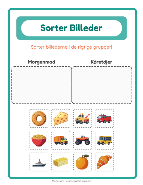 Forhåndsvisning af Sortér Billeder-arbejdsark til Børnehaveklasse