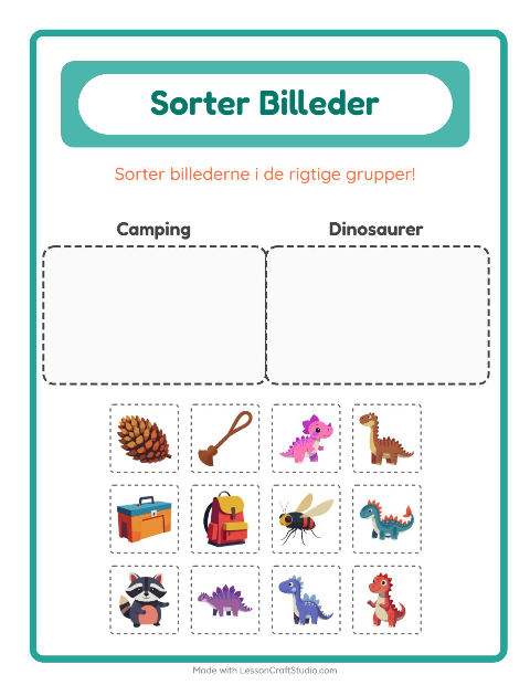 Sortér billederne: Camping og Dinosaurer