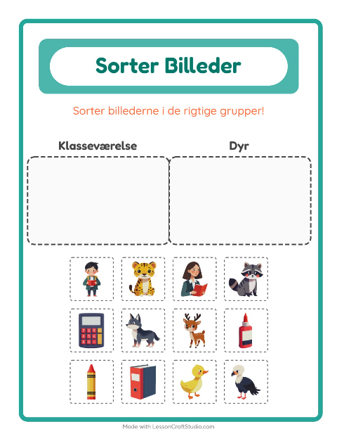 Sortér billederne: Klasseværelse og Dyr