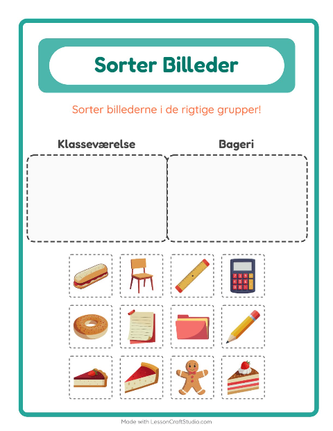 Sortér billederne: Klasseværelse og Bageri