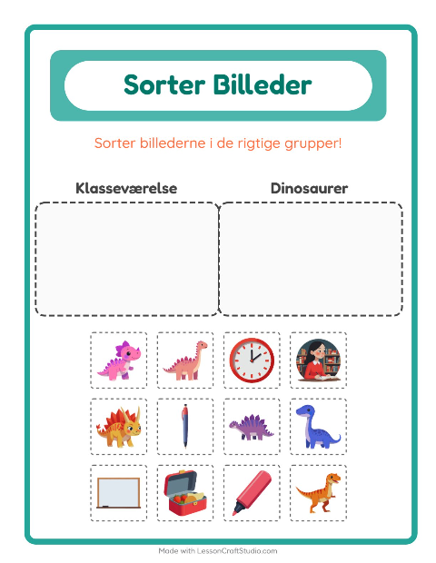 Sortér billederne: Klasseværelse og Dinosaurer