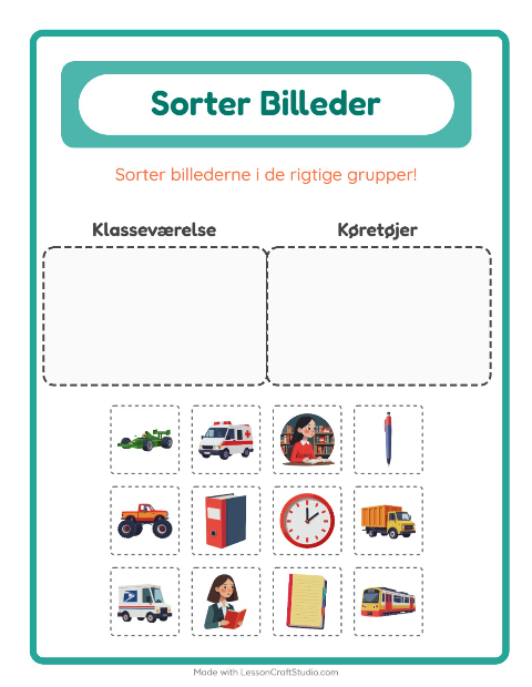 Sortér billederne: Klasseværelse og Køretøjer