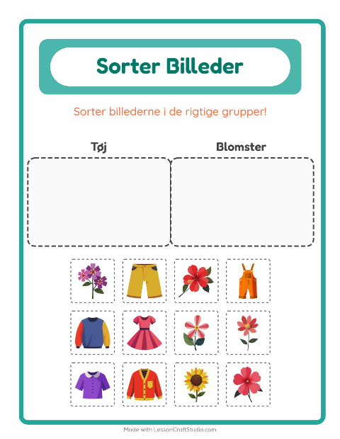Forhåndsvisning af Sortér billederne: Tøj og Blomster – opgave til børnehaveklassen