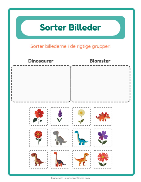 Sortér billederne: Dinosaurer og Blomster
