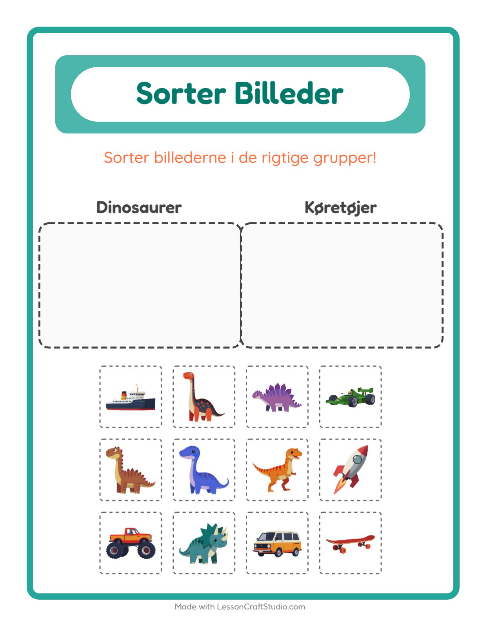Forhåndsvisning af Sortér billederne: Dinosaurer og Køretøjer – opgave til børnehaveklassen