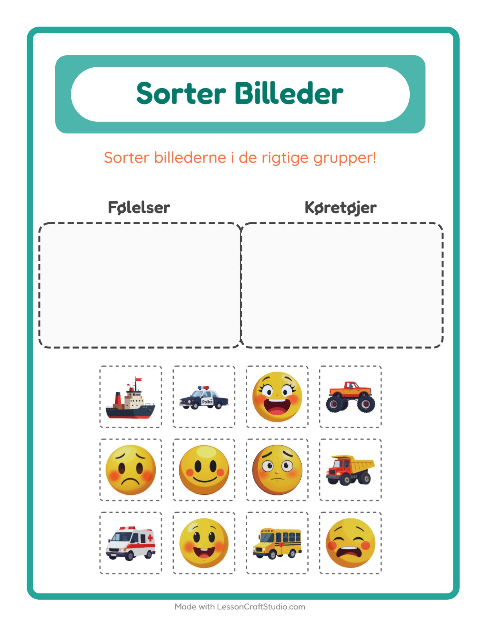 Forhåndsvisning af Sortér billederne: Følelser og Køretøjer – opgave til børnehaveklassen