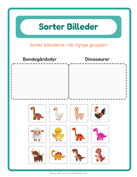 Sortér billederne: Bondegårdsdyr og Dinosaurer